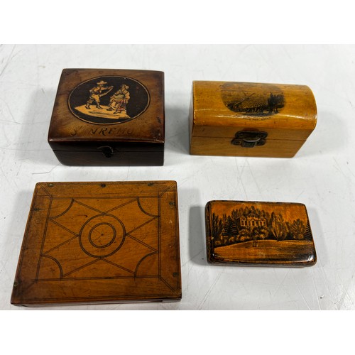 26 - Antique wooden calculator, stamp box, snuff box and mauchlin ware box