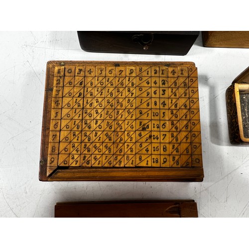 26 - Antique wooden calculator, stamp box, snuff box and mauchlin ware box