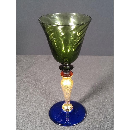 102 - 4 Coloured glass stem glasses, 1 air twist stem glass, pewter mounted stem glass & Vintage claret ju... 