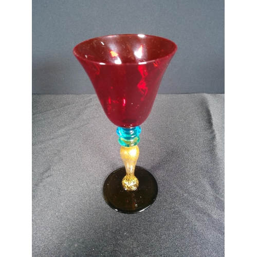 102 - 4 Coloured glass stem glasses, 1 air twist stem glass, pewter mounted stem glass & Vintage claret ju... 