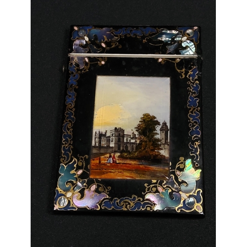 32 - Antique mother of pearl inlaid card box with a picture of drayton manor