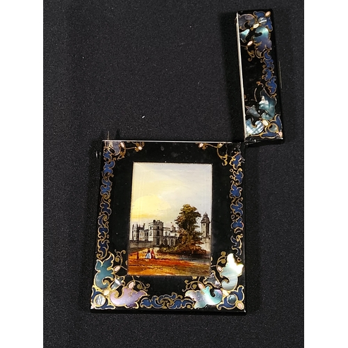 32 - Antique mother of pearl inlaid card box with a picture of drayton manor