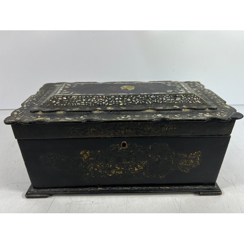 21 - Antique mother of pearl paper Mache jewellery box with removable liner, 32 x 16 x 18cms