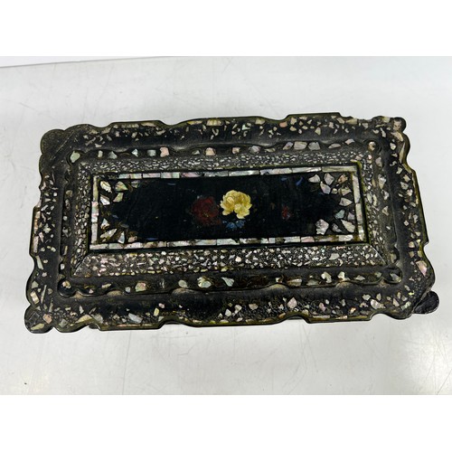 21 - Antique mother of pearl paper Mache jewellery box with removable liner, 32 x 16 x 18cms