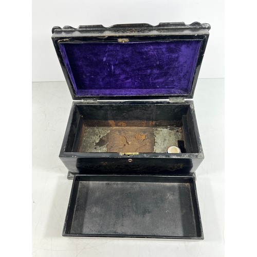 21 - Antique mother of pearl paper Mache jewellery box with removable liner, 32 x 16 x 18cms