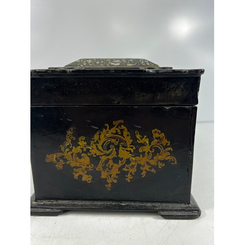 21 - Antique mother of pearl paper Mache jewellery box with removable liner, 32 x 16 x 18cms