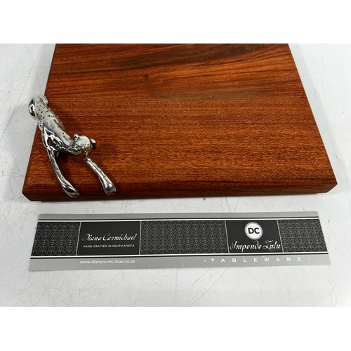 145 - Hardwood and metal cheeseboard and cased set of steak knives and forks