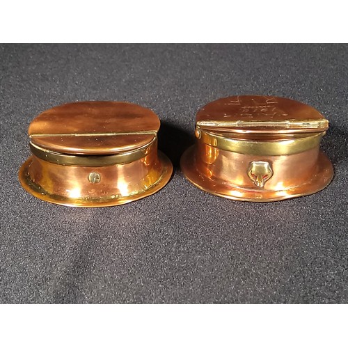 120 - Antique glass and gilded metal frame along with two copper military hat snuff boxes - one dated 1918