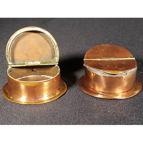 120 - Antique glass and gilded metal frame along with two copper military hat snuff boxes - one dated 1918