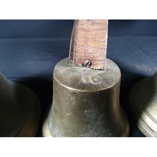 176 - 3 antique bells - 2 with leather handles