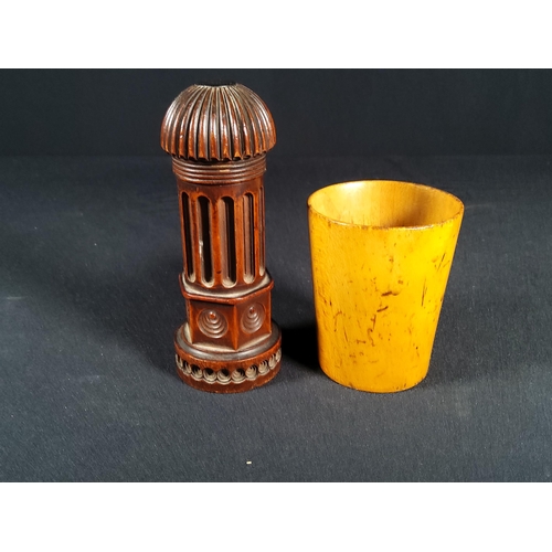 179 - Mauchline ware cup and antique wooden needle case, needle case stands at 11cms in height