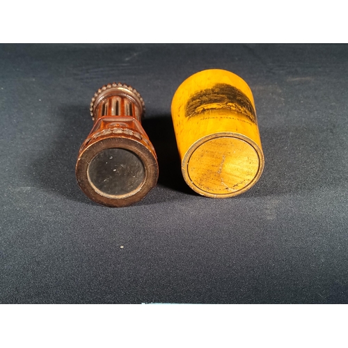 179 - Mauchline ware cup and antique wooden needle case, needle case stands at 11cms in height