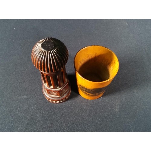 179 - Mauchline ware cup and antique wooden needle case, needle case stands at 11cms in height