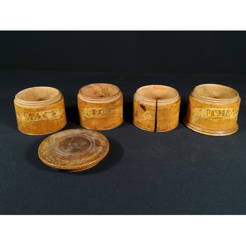 180 - Antique fruit wood 4 section spice box, 1 section damage but will close to 3 sections, as a whole th... 