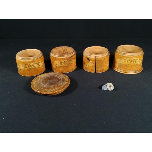 180 - Antique fruit wood 4 section spice box, 1 section damage but will close to 3 sections, as a whole th... 