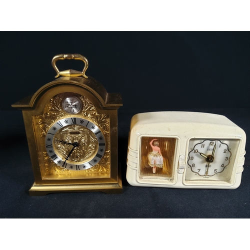 130 - Vintage 1950s clock with dancing lady and Swiza bedroom clock, tallest being 12cms in height