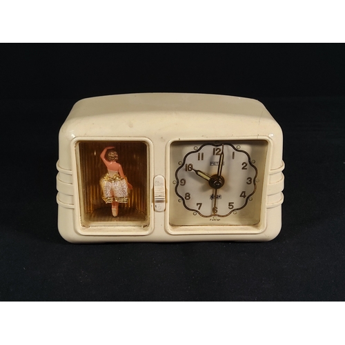 130 - Vintage 1950s clock with dancing lady and Swiza bedroom clock, tallest being 12cms in height