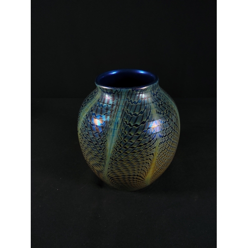 162 - Iridescent art glass vase, 14cms in height