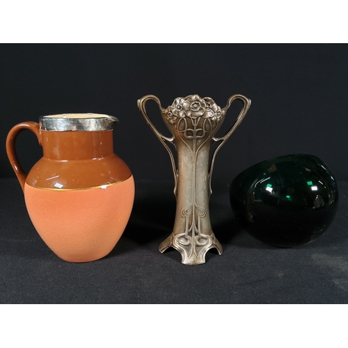 165 - Whitefriars ashtray, silver rimmed jug and art nouveau vase holder