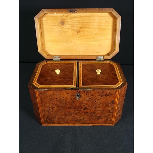 192 - Antique cross banded tea caddy, 12 x 19 x 11cms