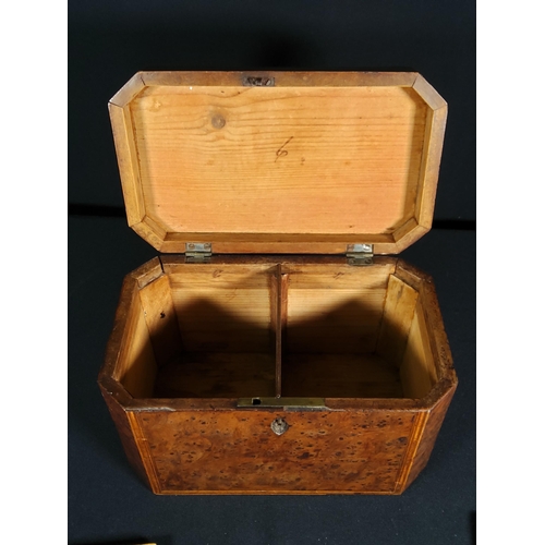 192 - Antique cross banded tea caddy, 12 x 19 x 11cms