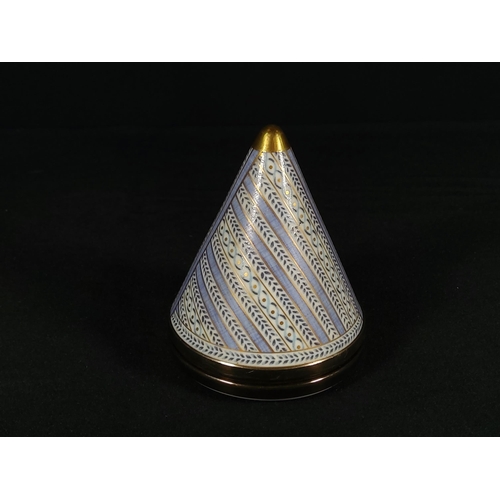 250 - Enamelled conical pot with gilded thimble interior, 8cms in height