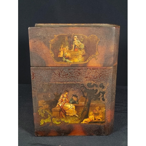 252 - Antique Wooden Book shaped box decorated with Children, couples and flowers and selection of photogr... 