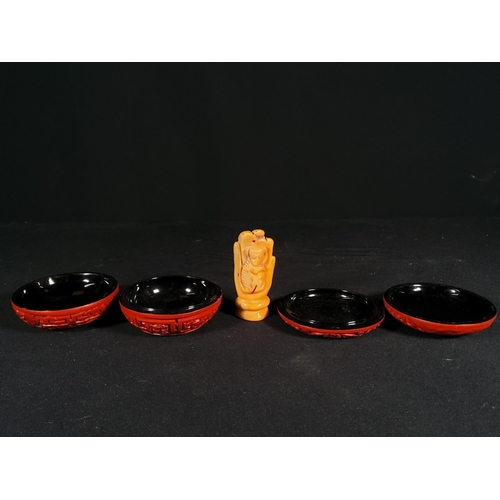 261 - 2 Cinnabar boxes and a carved stone hand with monkey