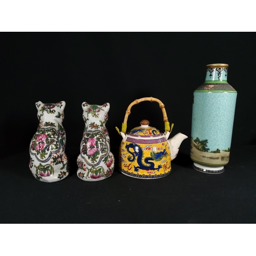 269 - Pr of oriental cats, oriental vase and oriental teapot, tallest being 20cms in height