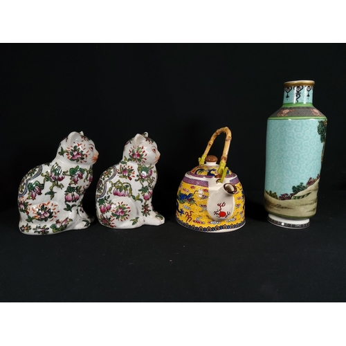 269 - Pr of oriental cats, oriental vase and oriental teapot, tallest being 20cms in height