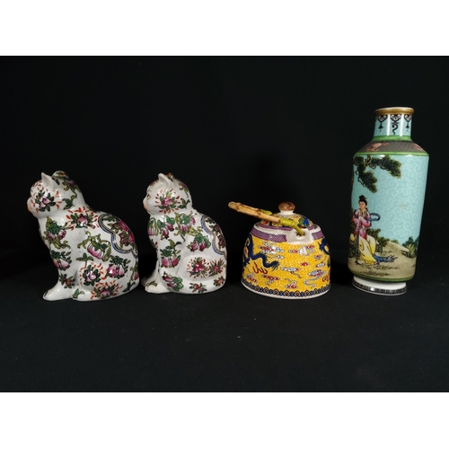 269 - Pr of oriental cats, oriental vase and oriental teapot, tallest being 20cms in height