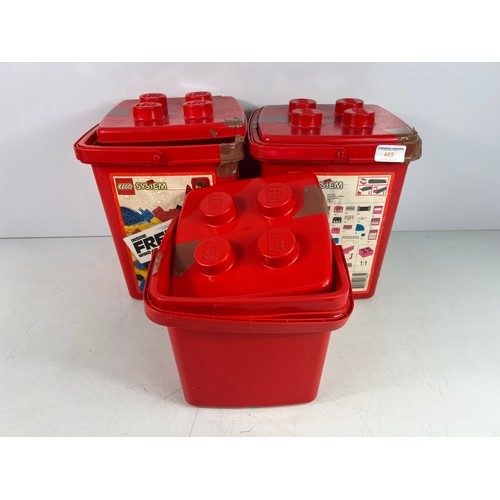 465 - LEGO sets 1885 (x2), 1636 3 buckets containing complete sets