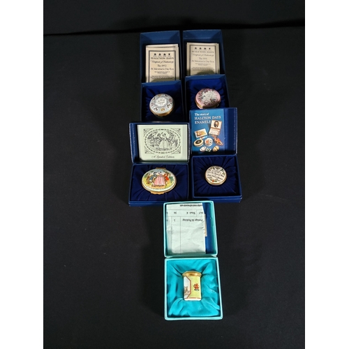 292 - 5 Boxed Halcyon days enamelled pill pots