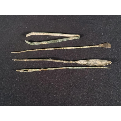 233 - Collection of roman bronze medical instruments and Roman bronze wreath brooch