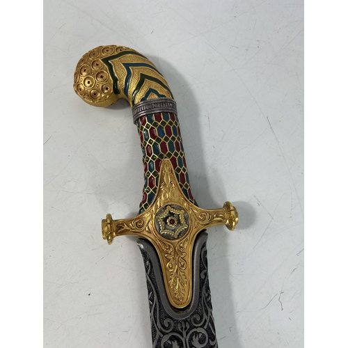 214 - Very decorative Franklin Mint sword on stand, 105cm on stand