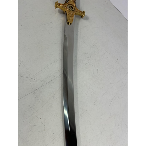 214 - Very decorative Franklin Mint sword on stand, 105cm on stand