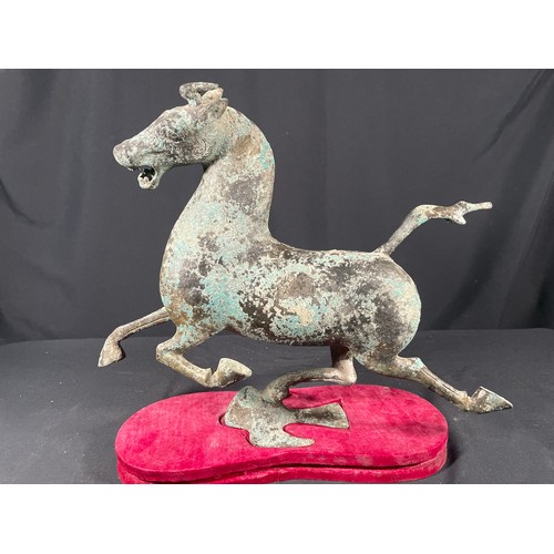 358 - Vintage bronze horse figure on fabric base, 37cms in height