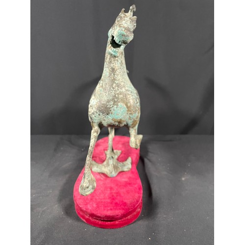 358 - Vintage bronze horse figure on fabric base, 37cms in height