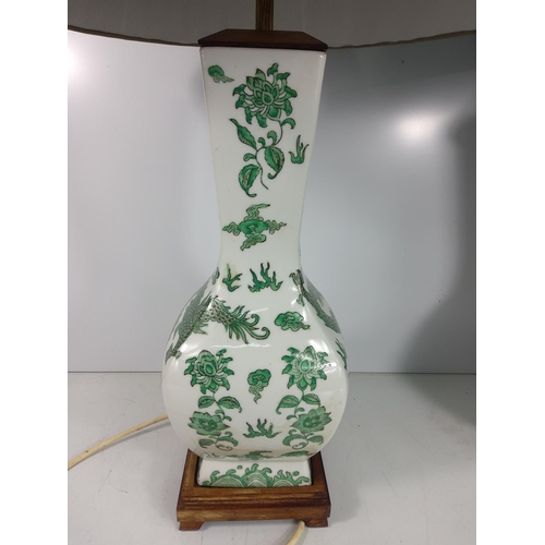 575 - Pair of green and white glazed Oriental dragon lamps with shades, height without shade approx 50cms ... 