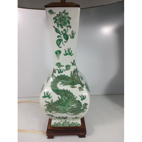 575 - Pair of green and white glazed Oriental dragon lamps with shades, height without shade approx 50cms ... 