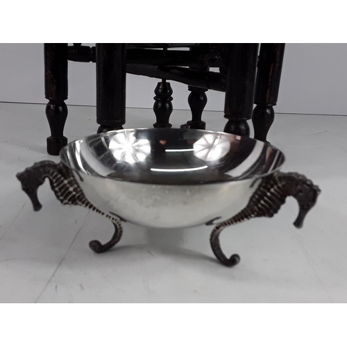 566 - Small brass topped tray table and Eastern drinks set with a sea horse pin dish