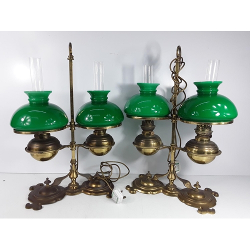 577 - Pair of brass electric oil style double lamps, approx 62cms in height