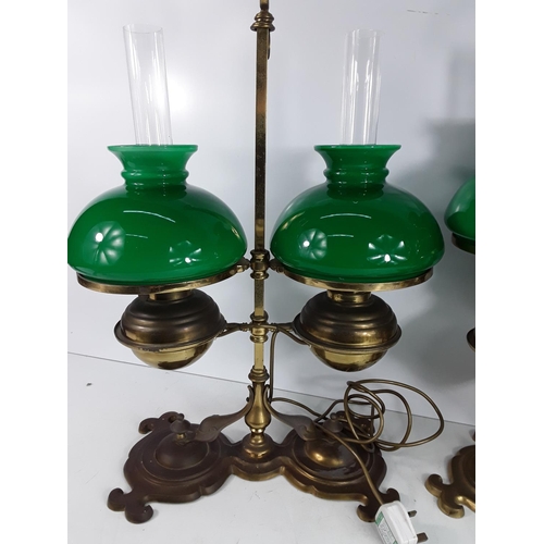 577 - Pair of brass electric oil style double lamps, approx 62cms in height