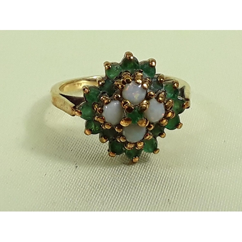 672 - 9ct gold opal and emerald ring, size L, 3.1g gross