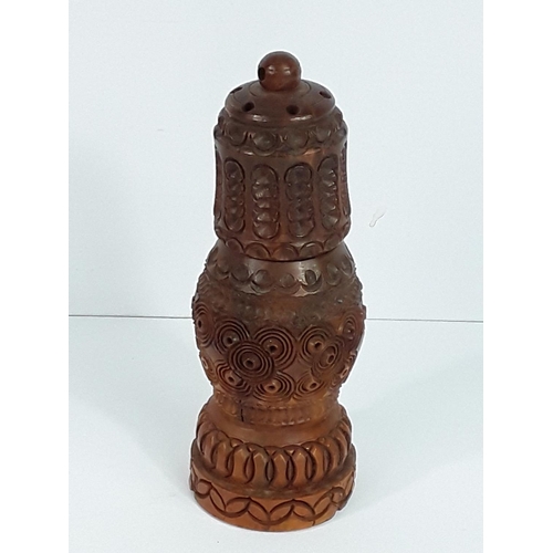 731 - Vintage carved coquilla nut pounce pot with hidden stanhope