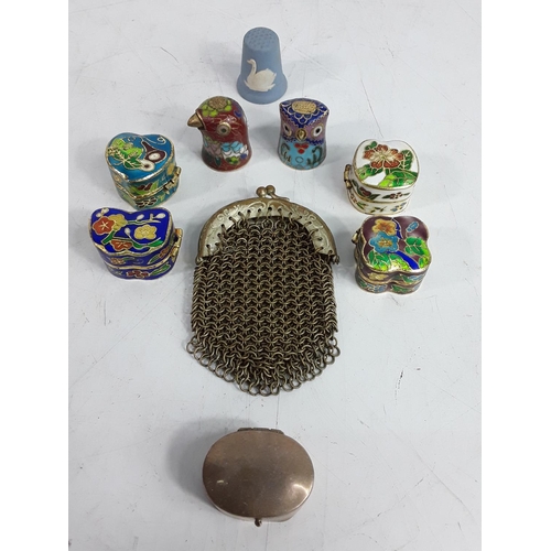 735 - Various enamel pots, pill pot, chainmail purse and thimble