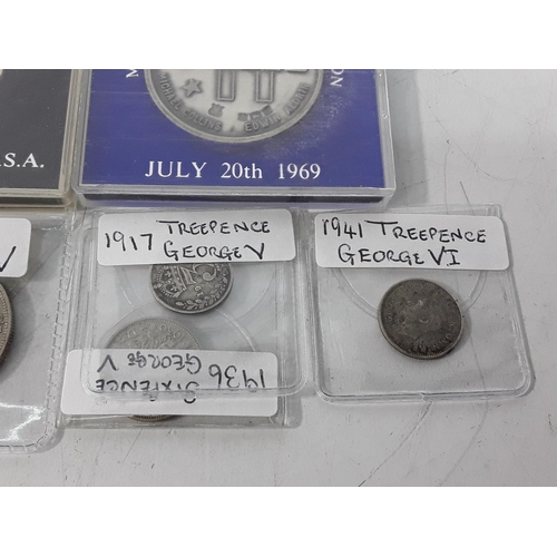 739 - George V & George VI silver coins, silver moon landing coin and proof Kennedy half dollar