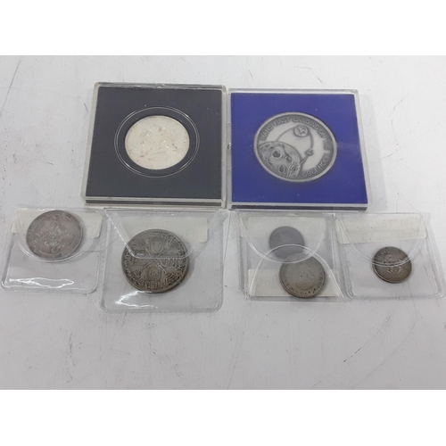 739 - George V & George VI silver coins, silver moon landing coin and proof Kennedy half dollar