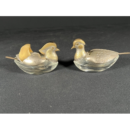 108 - Pair of silver and Glass bird salts with Chinese marks