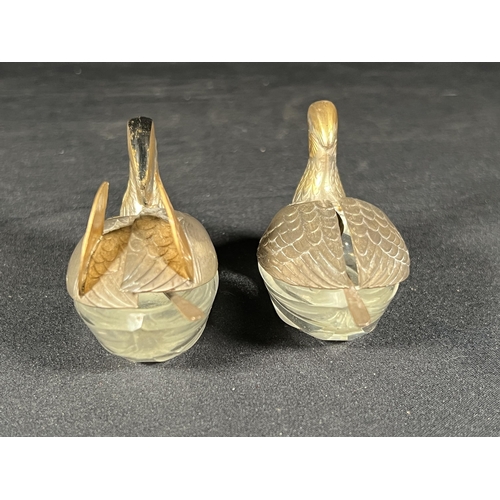 108 - Pair of silver and Glass bird salts with Chinese marks